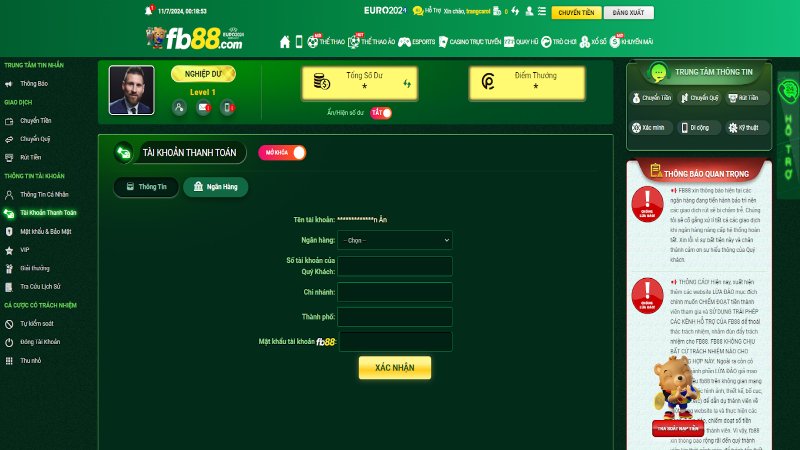 Cập nhật đầy đủ thông tin thẻ ngân hàng để rút tiền FB88