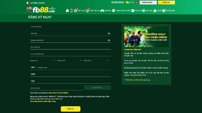 Điền thông tin đăng ký FB88